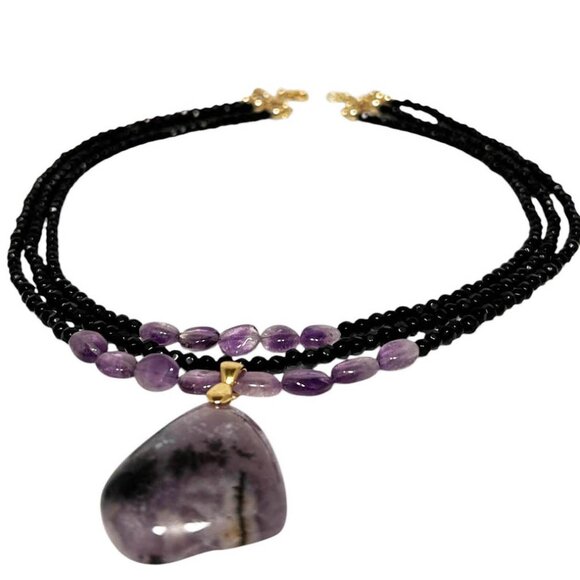 Three Strands Black Onyx, And Amethyst With Amethyst pendant - Picture 1 of 4